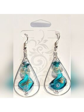 Twisted Teal Gold and Silver Drop Dangle Beaded Earrings